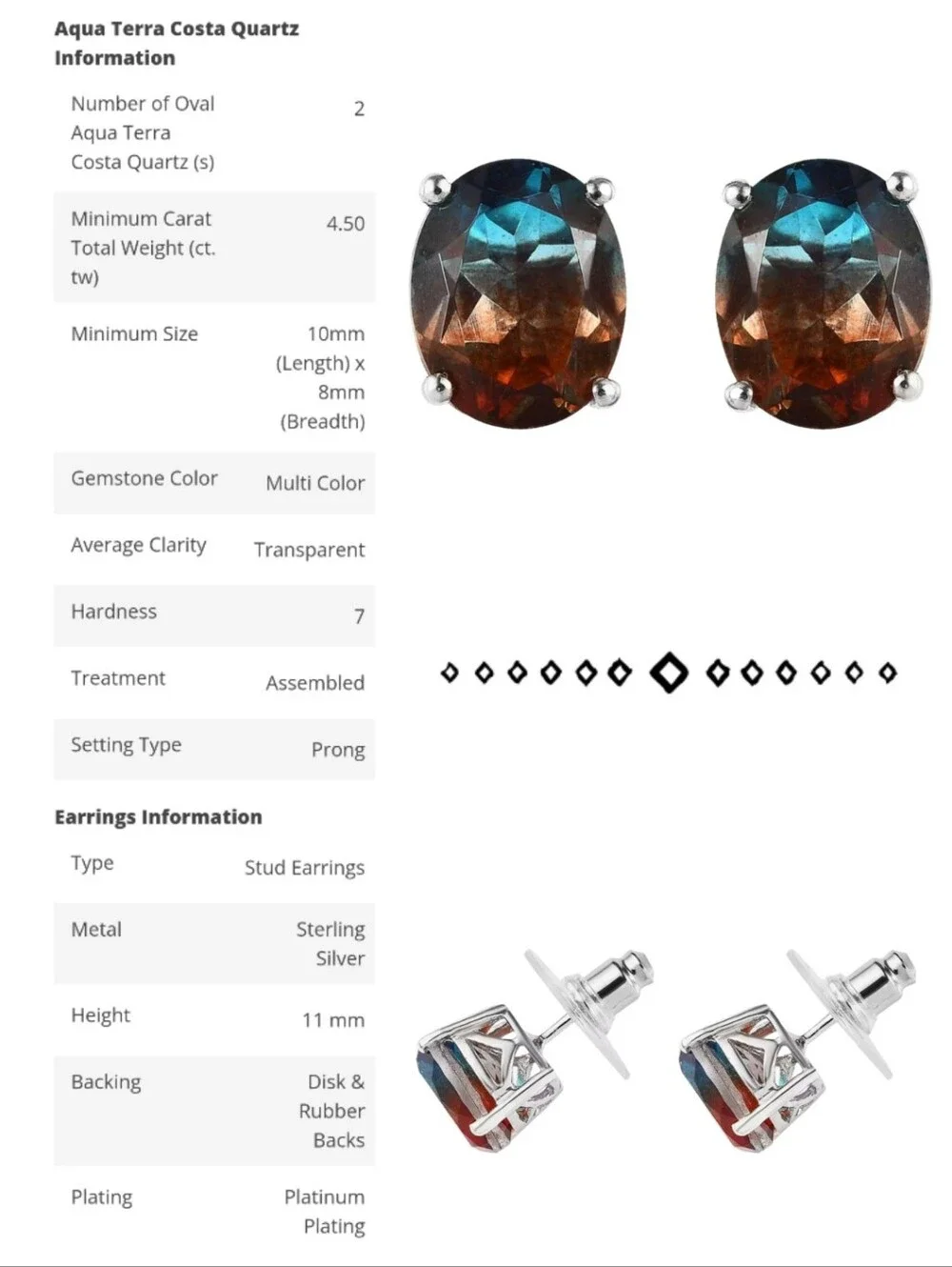 Aqua Terra Costa Quartz Platinum Over 925 Solitaire Stud Earrings 4.50 CTW
